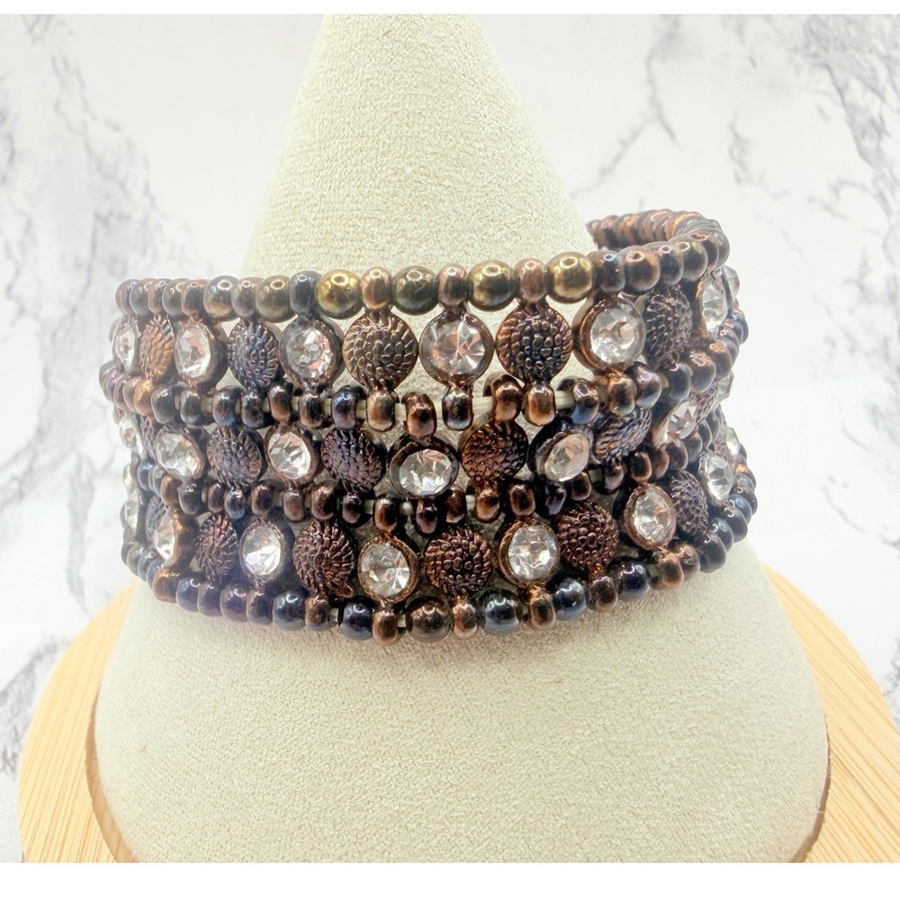 Mixed Metal Rhinestone Stretch Bracelet‎ Wide Cuff 7" Textured Beads